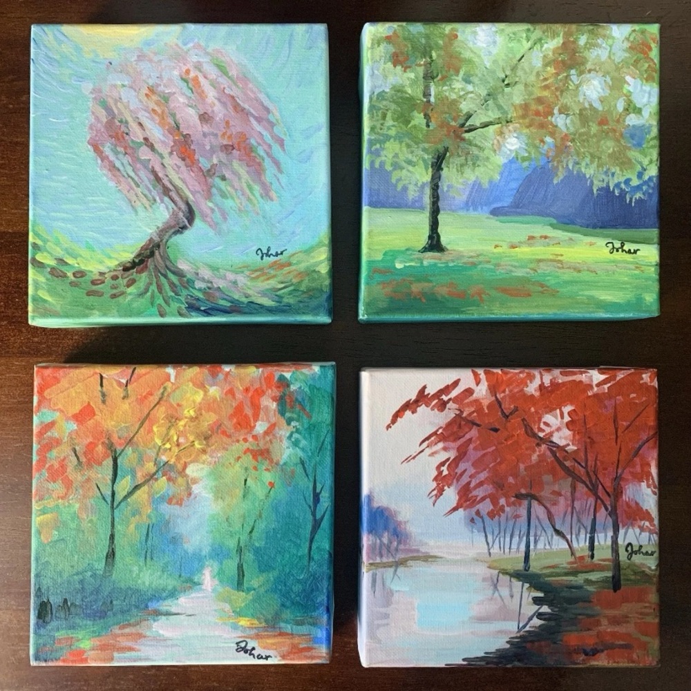 Original Acrylic Painting Canvas Panel Four Seasons Pieces Wall Art Landscapes